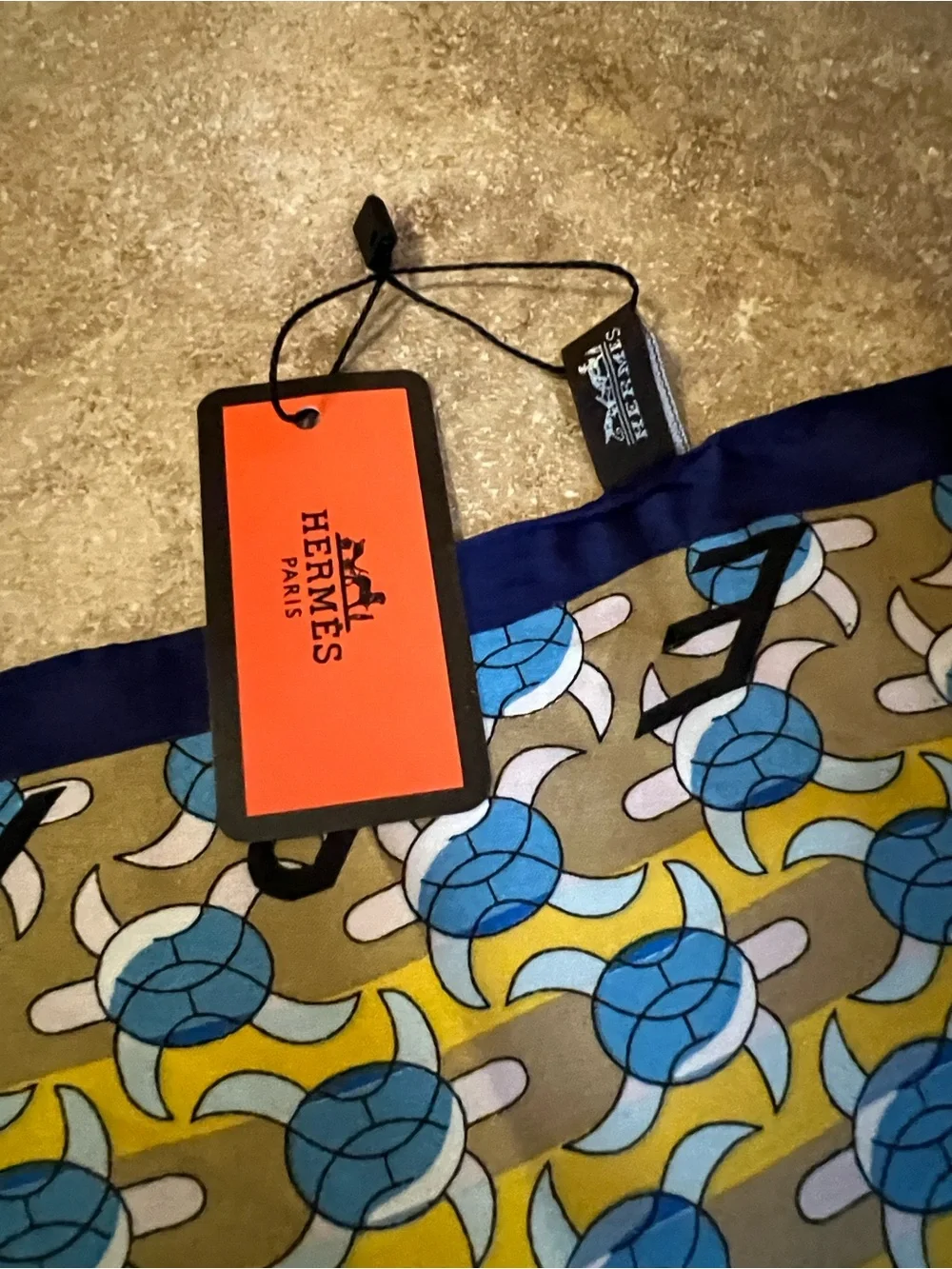 Hermès Yellow, Blue Scarf with Carriage Motif turtles 100% silk w/box bag tags